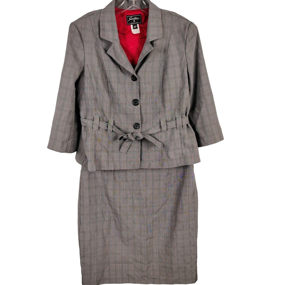Womens 16P Sweet Suit Skirt Set Grey Plaid Dark Academia Officecore Professional